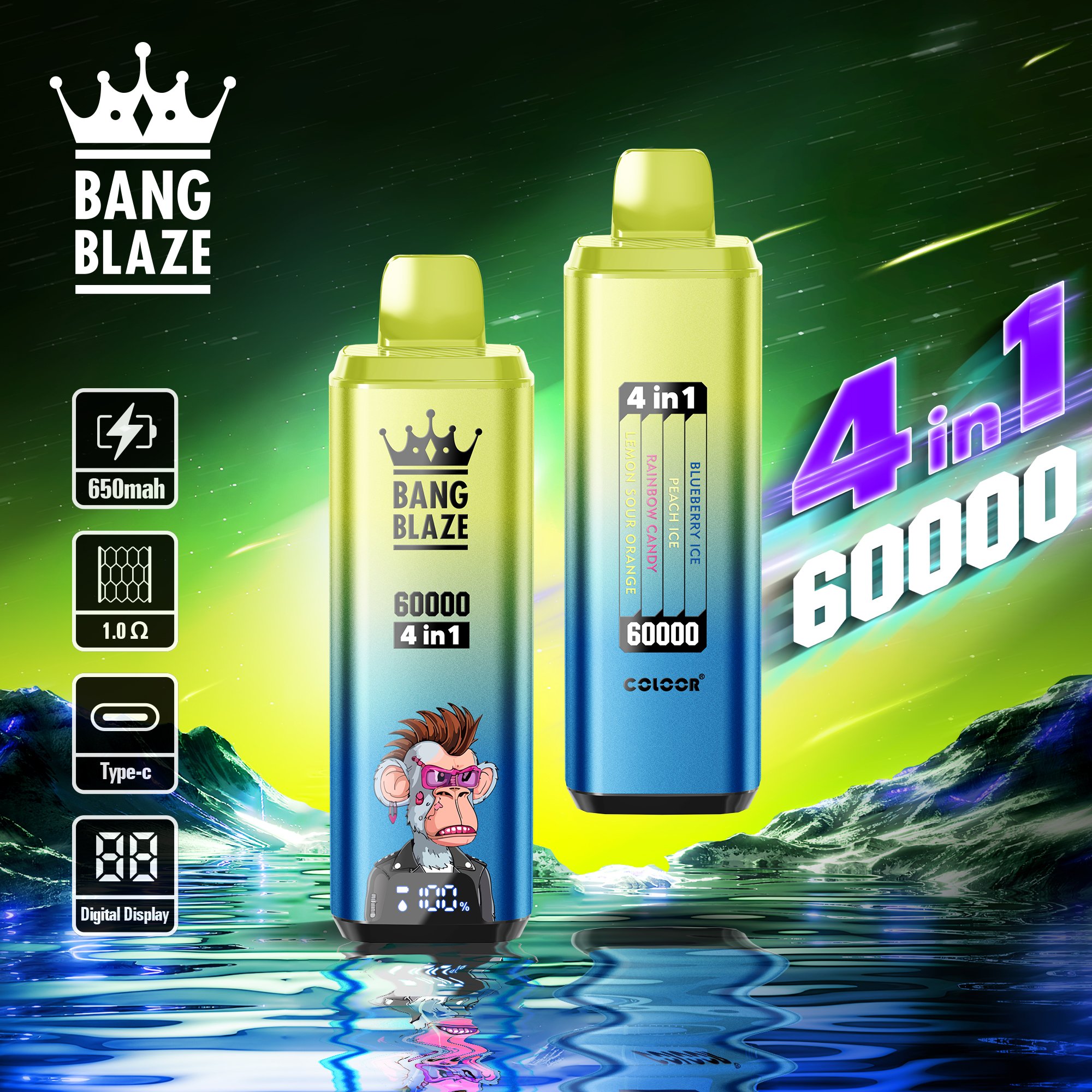 Bang Blaze 4in1 60000 Puffs disposable vape, all four flavors displayed-02