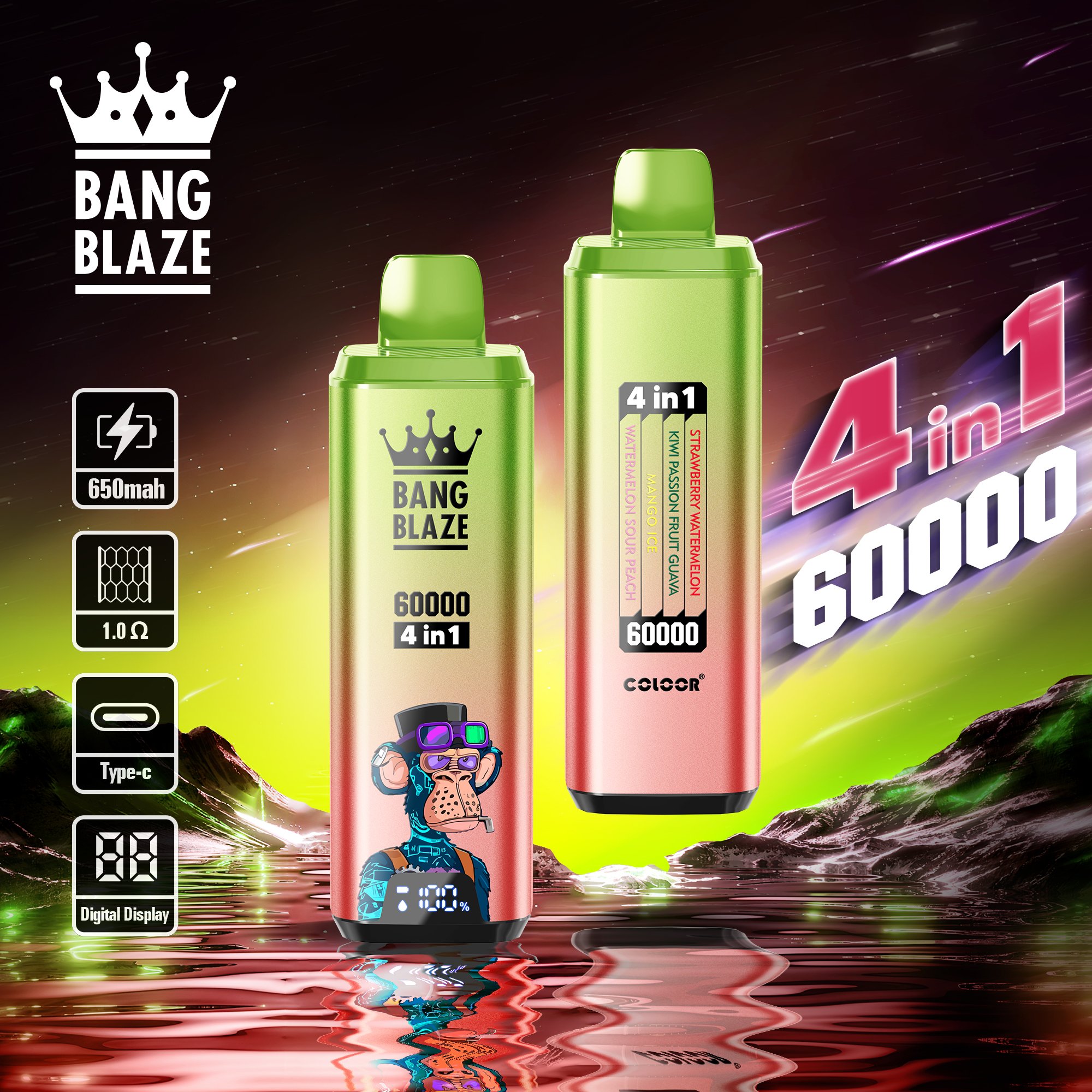 Bang Blaze 4in1 60000 Puffs disposable vape, all four flavors displayed-04