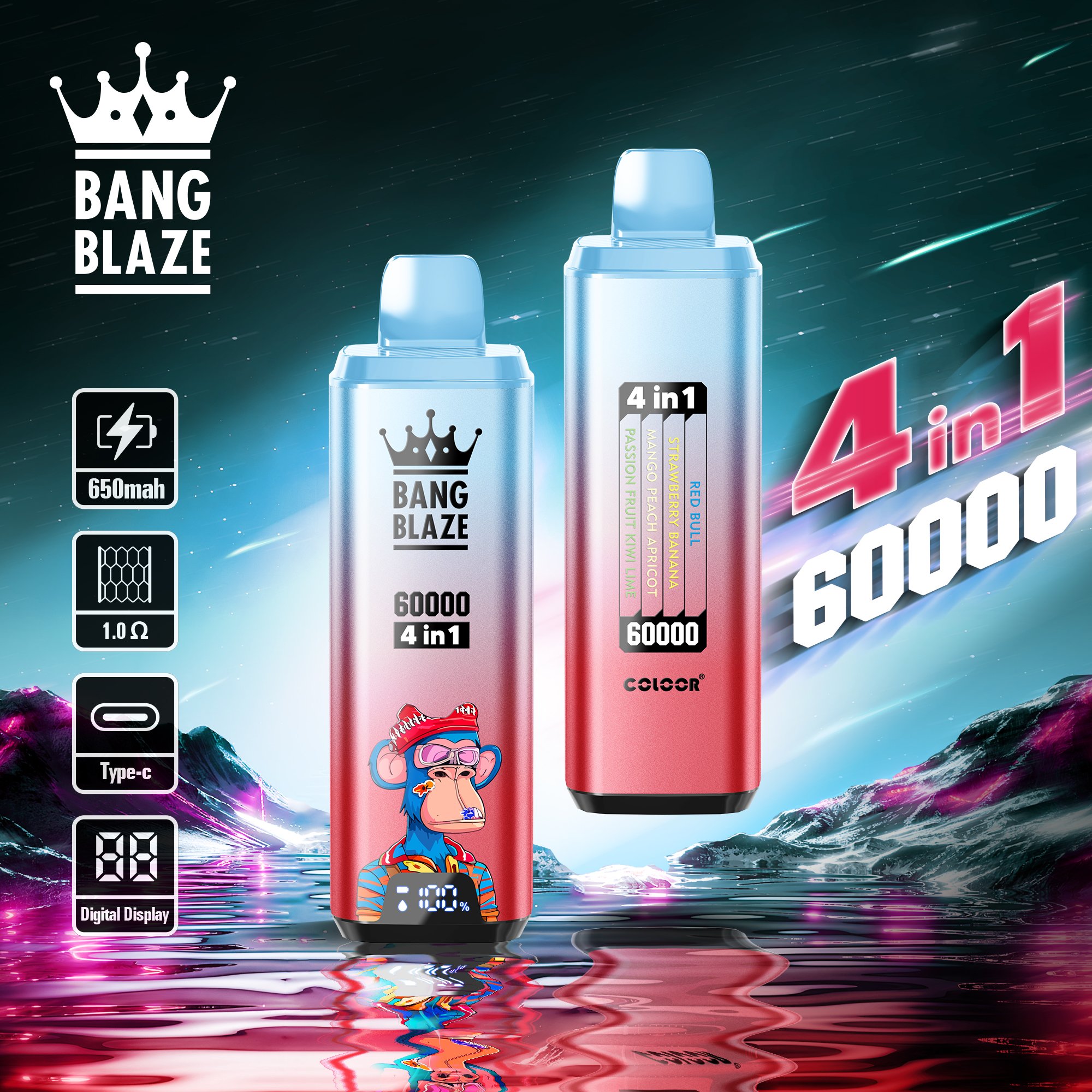 Bang Blaze 4in1 60000 Puffs disposable vape, all four flavors displayed-07