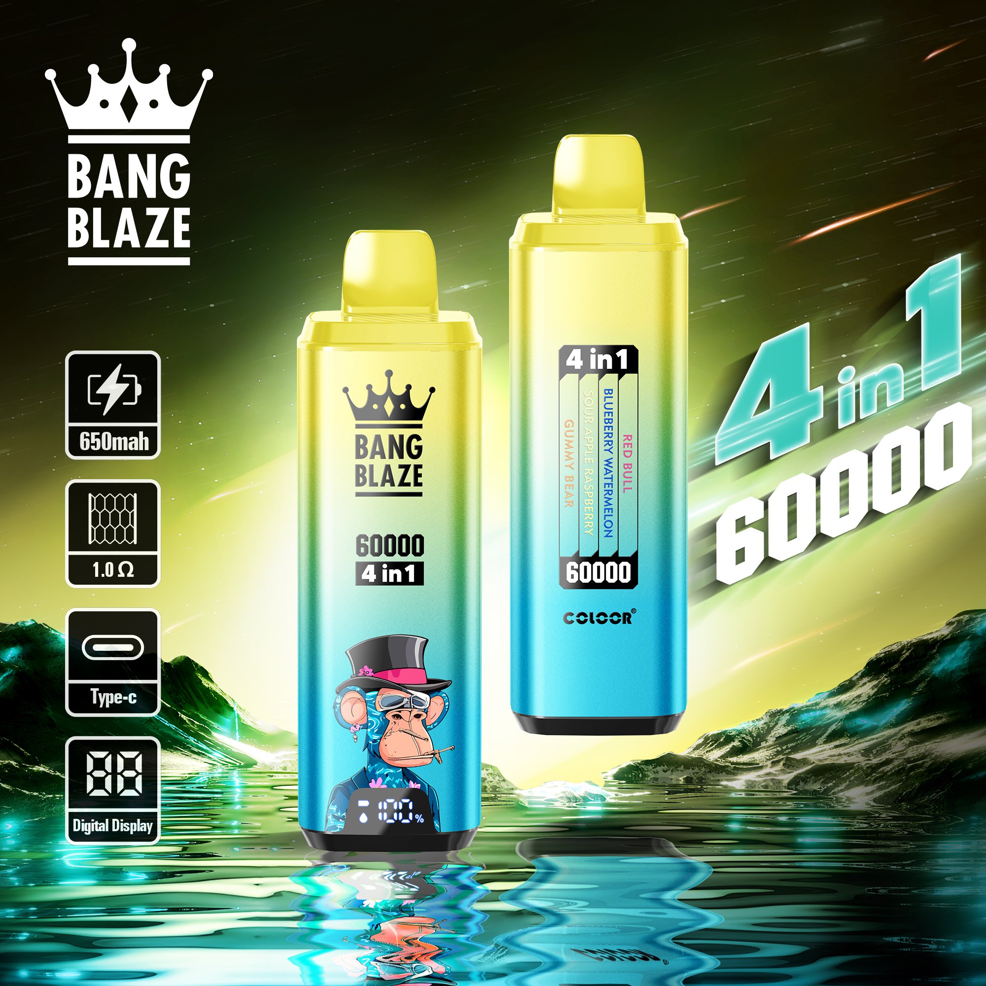 Bang Blaze 4in1 60000 Puffs disposable vape, all four flavors displayed-08