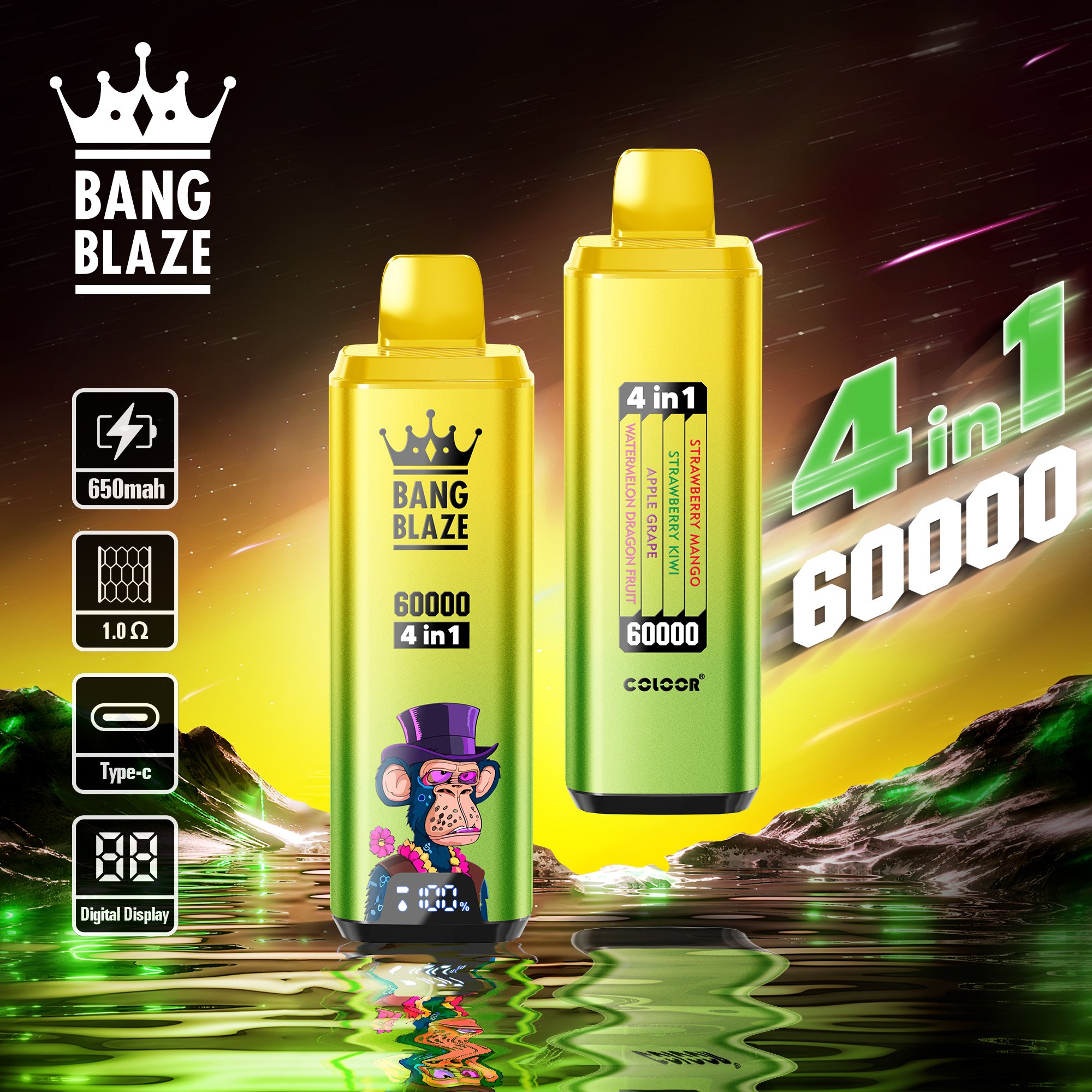Bang Blaze 4in1 60000 Puffs disposable vape, all four flavors displayed-10