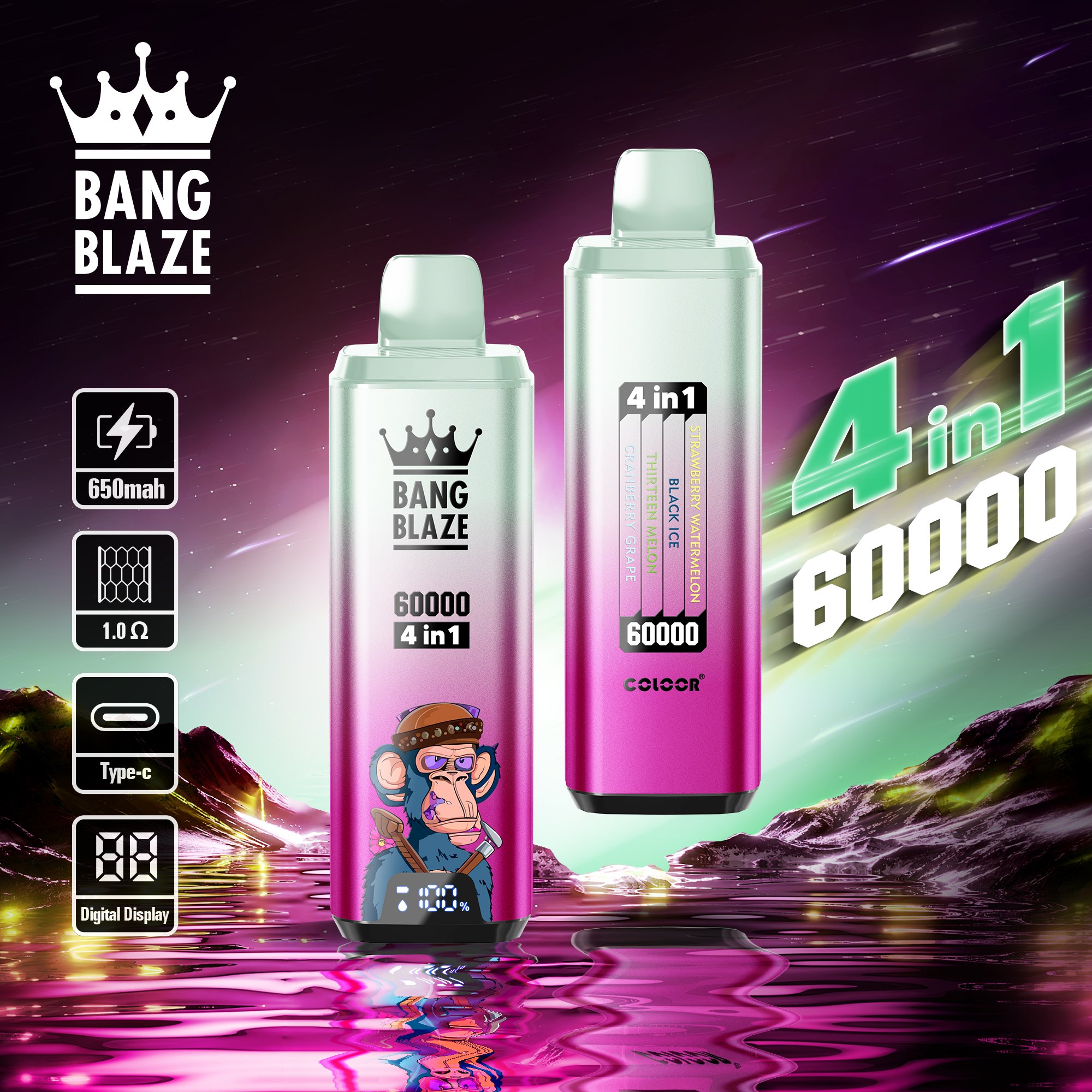 Bang Blaze 4in1 60000 Puffs disposable vape, all four flavors displayed-11