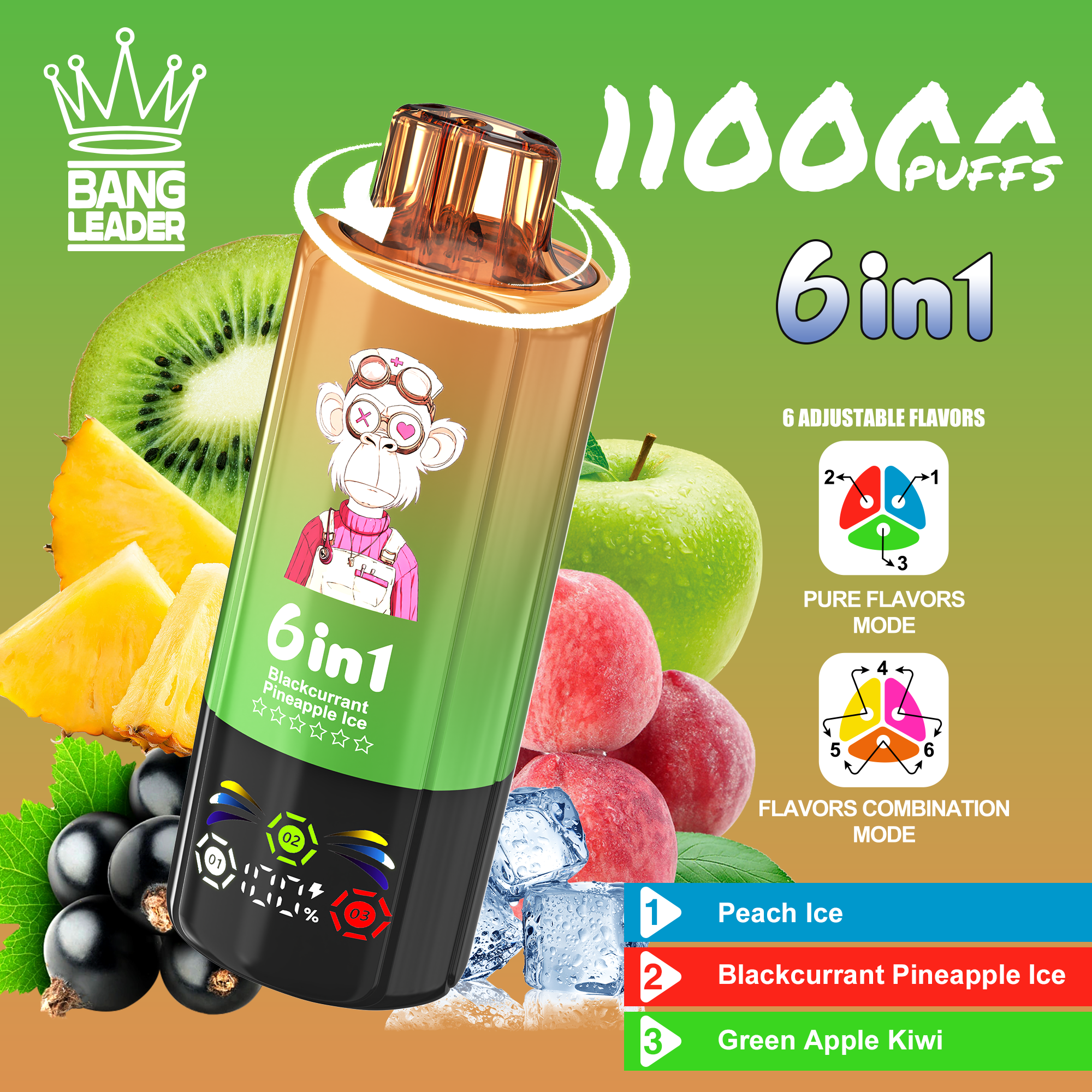 bang-leader-110000-puffs-6-in-1-flavor-peach-ice-blackcurrabt-pineapple-ice-green-apple-kiwi