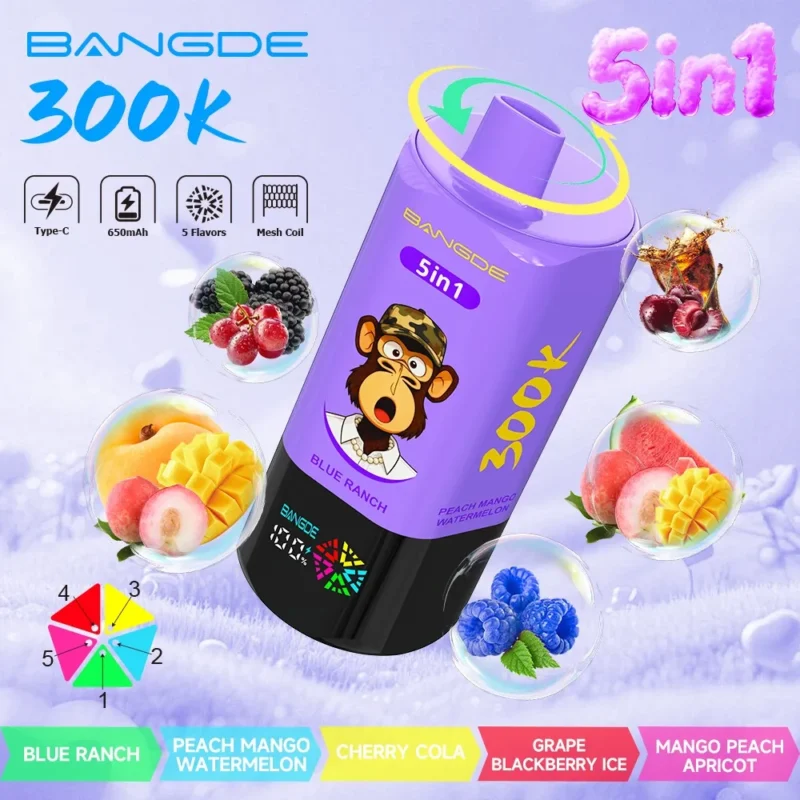 bangde-300000-puffs-vape-5in1-saveur-bleu-ranche-pêche-mangue-melon d'eau-cerise-cola-raisin-mûre-glace-mangue-pêche-abricot