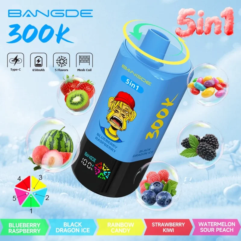 Bangde Puffs Vape 5in1 Flavor Blueberry Raspberry Black Dragon Ice Drinbow Candy Strawberry Kiwi Watermelon Sour Peach