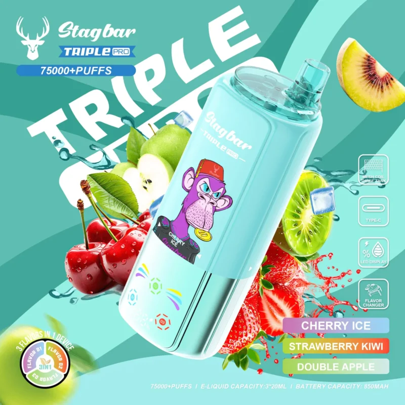 Vapemaison Stag Bar Triple Pro Puffs Cherry Ice Strawberry Kiwi Double Apple