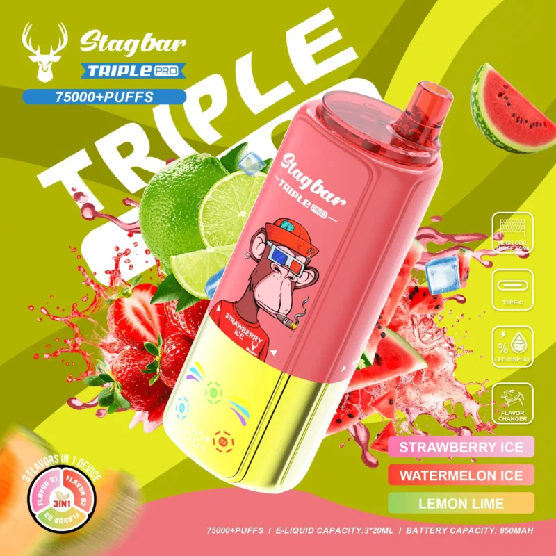 Vapemaison Stag Bar Triple Pro Puffs Strawberry Ice Watermelon Lemonlime