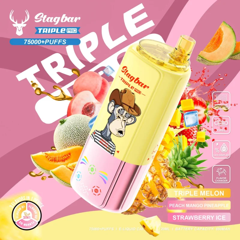 Vapemaison Stag Bar Triple Pro Puffs Melon Peach Mango Pineapple Strawberry Ice