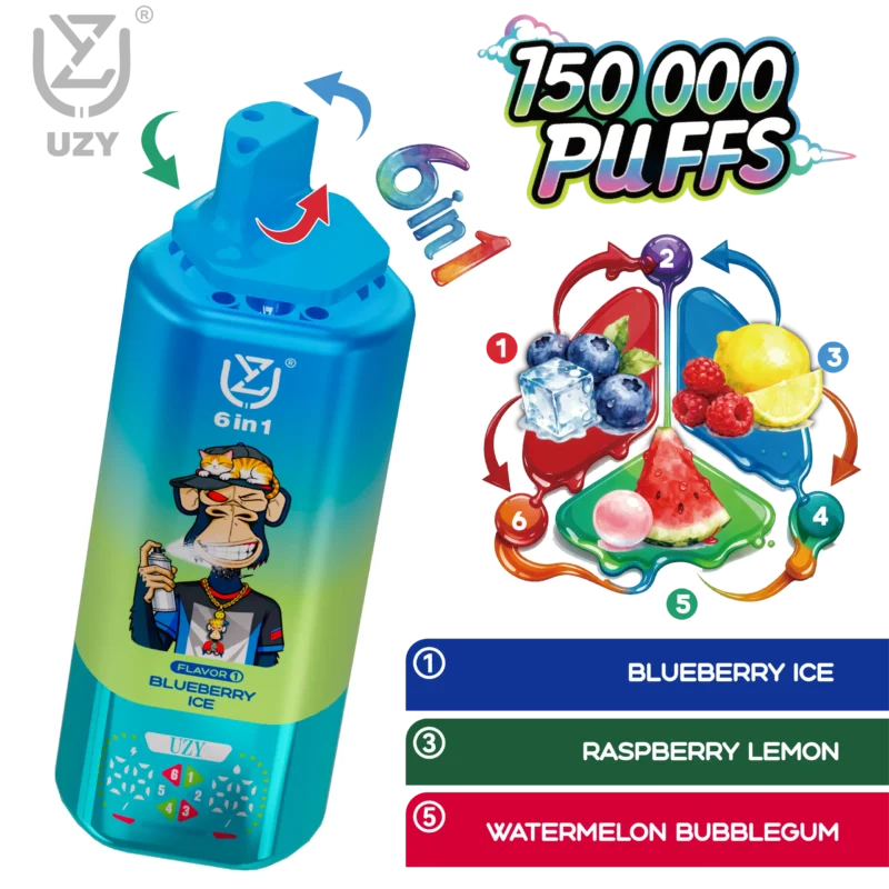 UZY 6-in-1 150K Puffs Blueberry Ice Raspberry Lemon Watermelon Bubblegum Flavor - VapeMaison