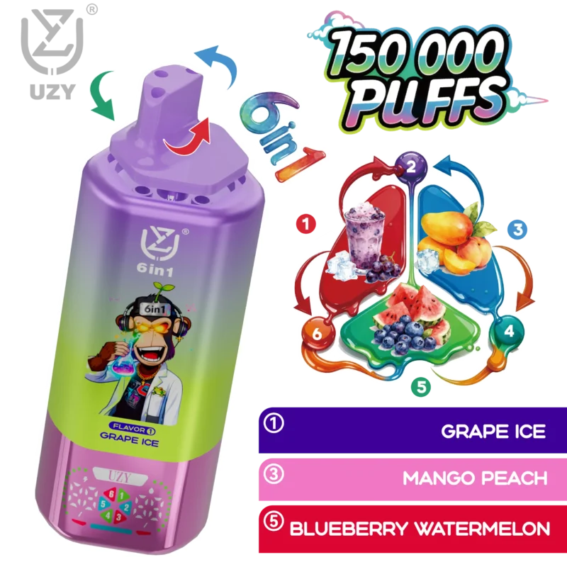 UZY 6-in-1 150K Puffs Grape Ice Mango Peach Blueberry Watermelon Flavor - VapeMaison