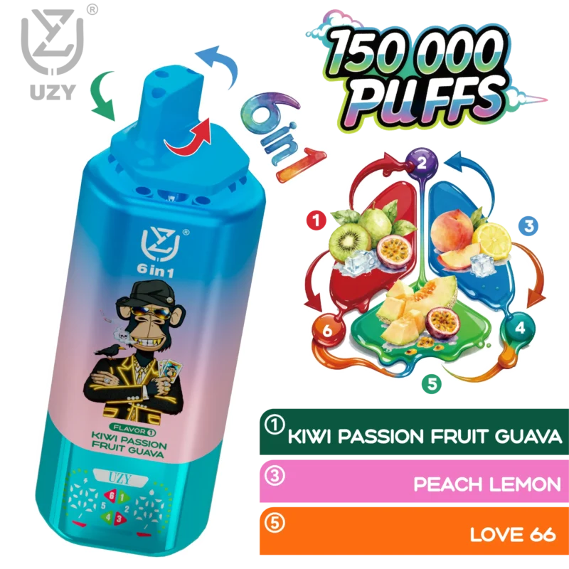 UZY 6-in-1 150K Puffs Kiwi Passion Fruit Guava Peach Lemon Love66 Flavor - VapeMaison