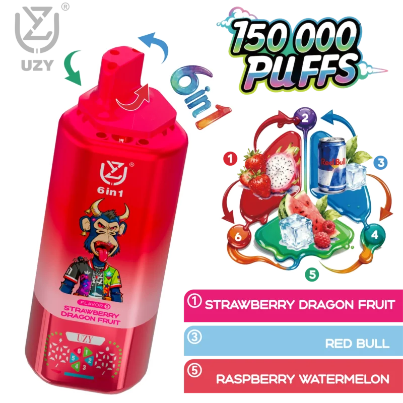 UZY 6-in-1 150K Puffs Strawberry Dragon Fruit Red Bull Raspberry Watermelon Flavor - VapeMaison