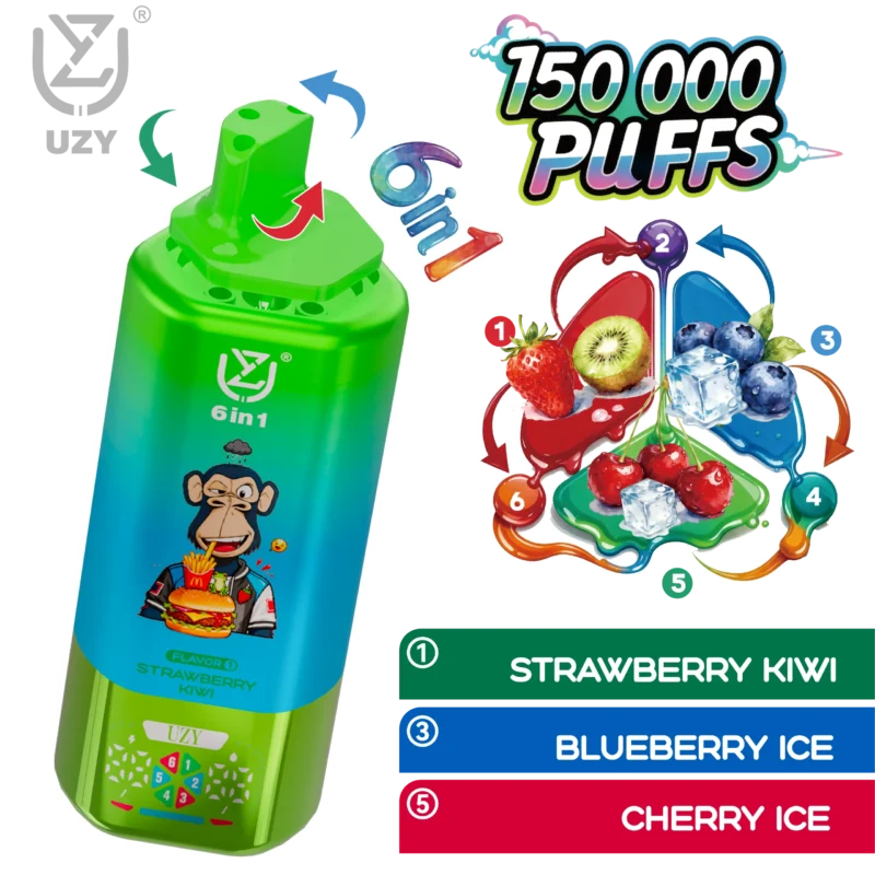 UZY 6-in-1 150K Puffs Strawberry Kiwi Blueberry Ice Cherry Ice Flavor - VapeMaison