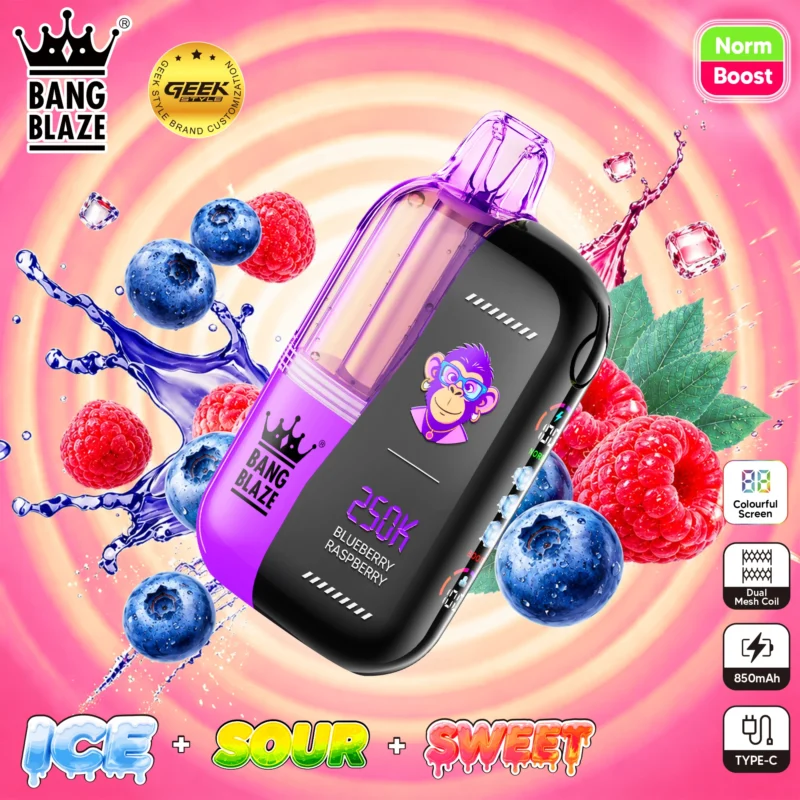 Bang Blaze 250K Blueberry Raspberry disposable vape with dual-chamber flavor adjustment system.