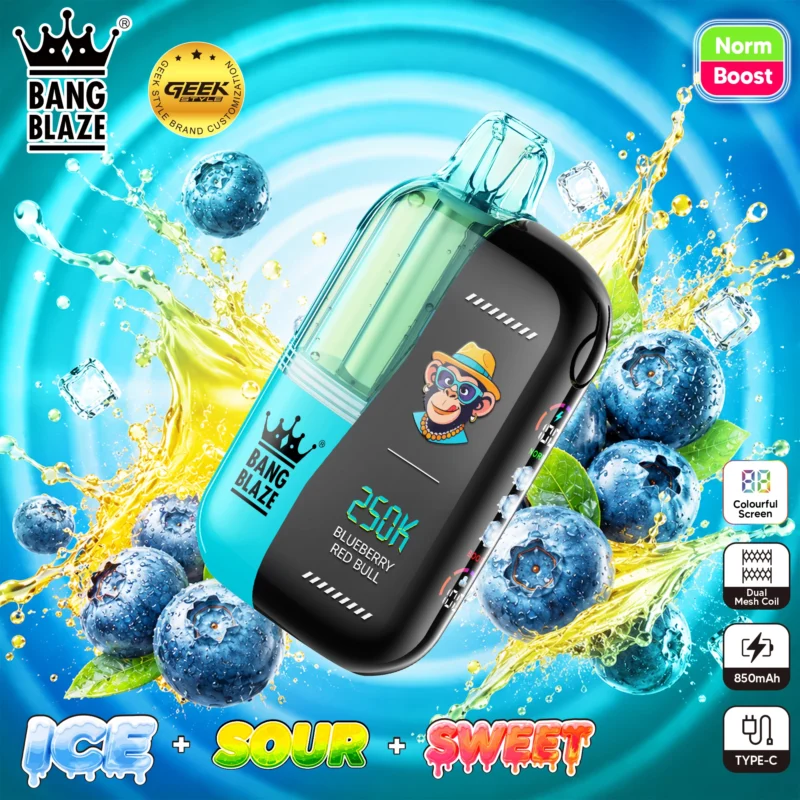 Bang Blaze 250K Blueberry Red Bull disposable vape with Ice, Sour, and Sweet adjustment features.