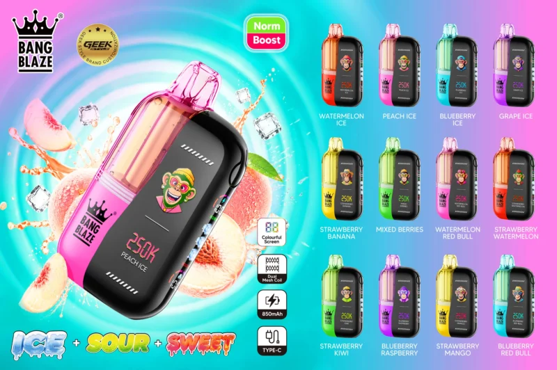 Bang Blaze 250K disposable vape collection showing the device and various available flavor options.