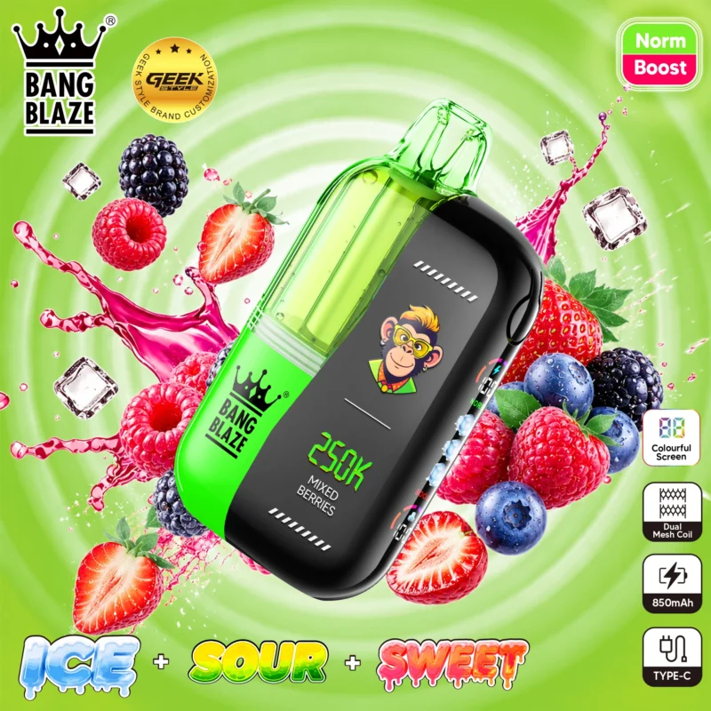 Bang Blaze 250K Mixed Berries disposable vape featuring a 23ml dual-chamber design with customizable Ice, Sour, and Sweet intensity controls.