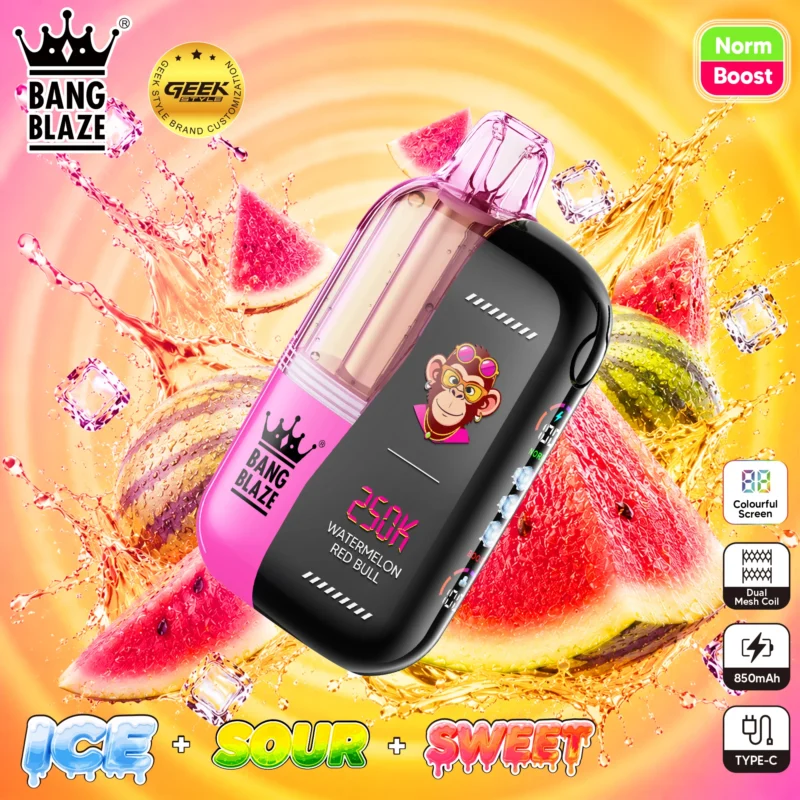 Bang Blaze 250K disposable vape in Watermelon Red Bull flavor with pink and black finish.