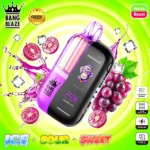 Bang Blaze 250K disposable vape in Grape Ice flavor with purple and black finish, featuring a colorful screen and custom flavor controls.