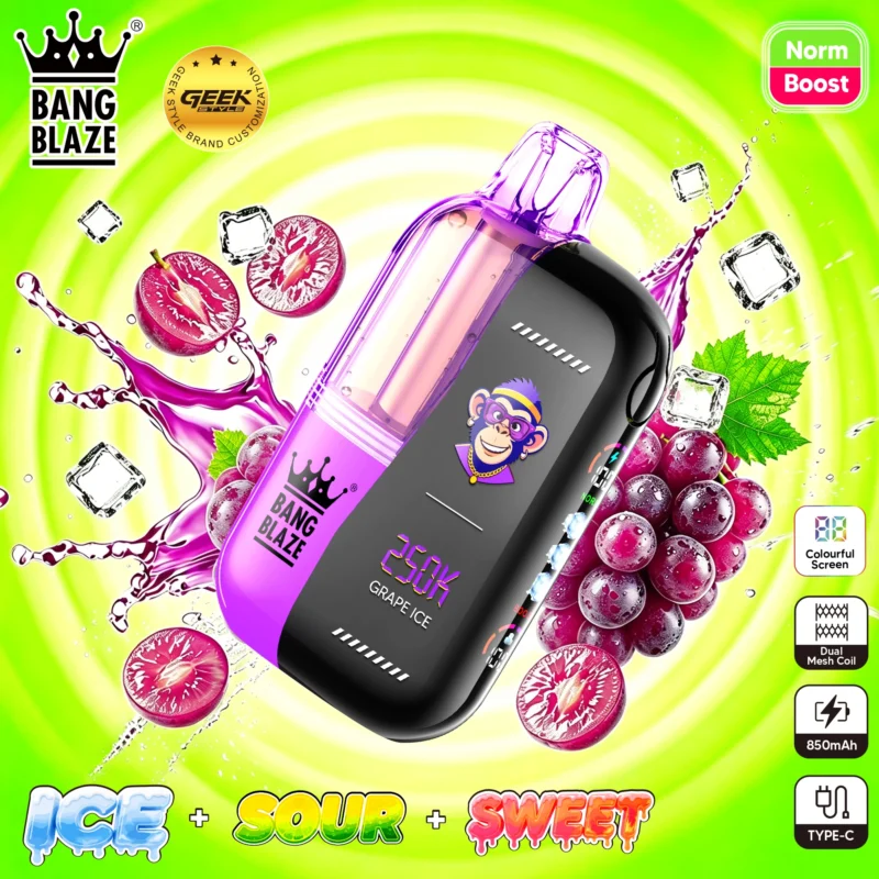 Bang Blaze 250K disposable vape in Grape Ice flavor with purple and black finish, featuring a colorful screen and custom flavor controls.