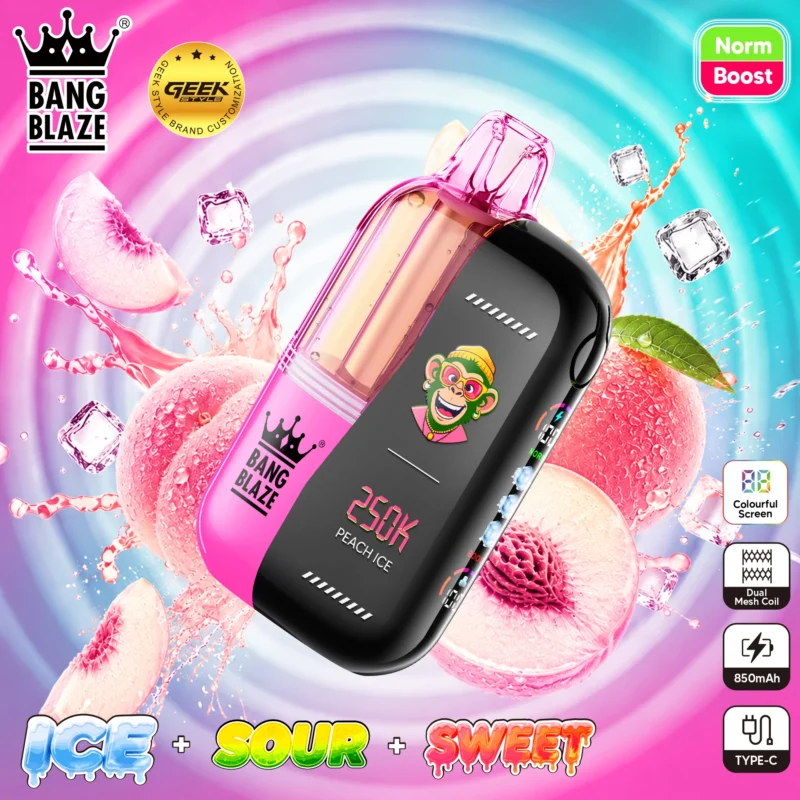 Bang Blaze 250K Peach Ice disposable vape featuring dual-chamber system and flavor controls.