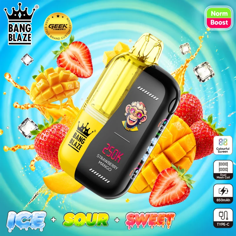Bang Blaze 250K disposable vape in Strawberry Mango flavor with a dual-chamber 23ml design and adjustable settings.