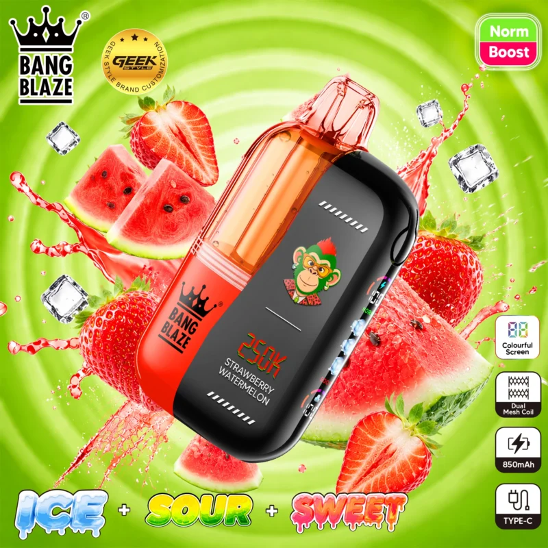 Bang Blaze 250K Strawberry Watermelon disposable vape with Ice, Sour, and Sweet adjustment settings.