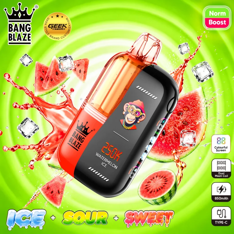 Bang Blaze 250K Watermelon Ice disposable vape with dual-chamber system and flavor adjustment controls.