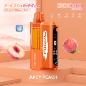 Foger GT 30000 Puffs Switch Pro Kit disposable vape in Juicy Peach flavor with smart display screen and peach accents.