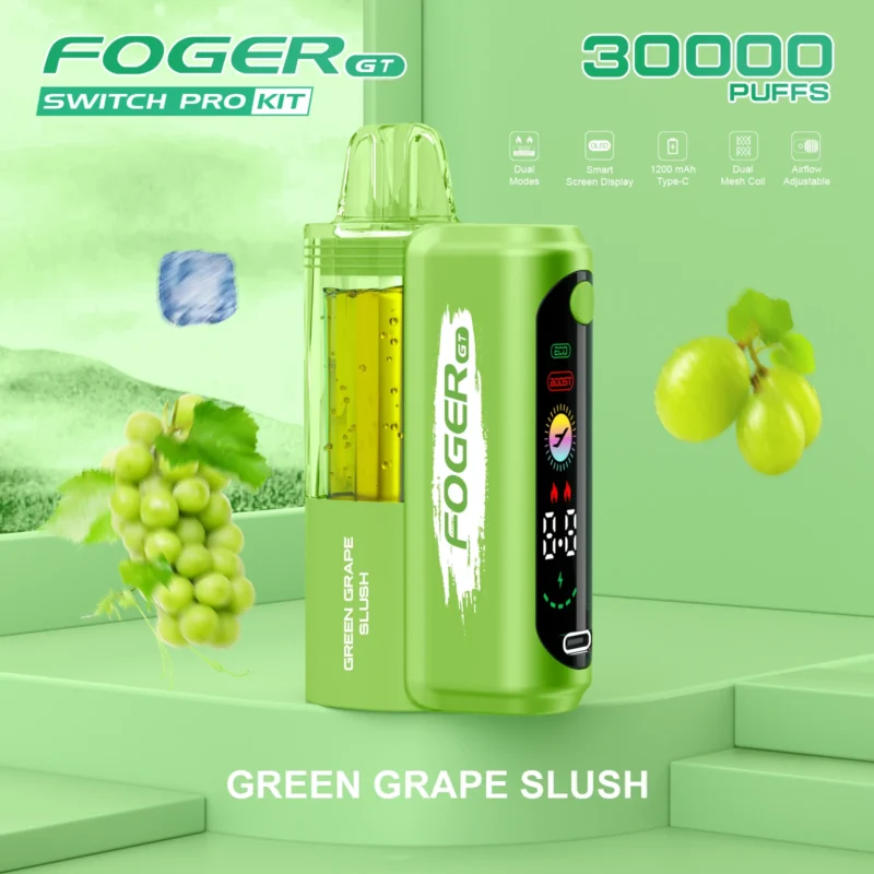 Foger GT 30000 Puffs Switch Pro Kit disposable vape in Green Grape Slush flavor with smart display and visible tank.