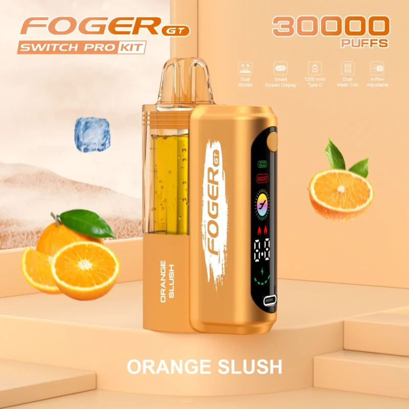 Foger GT 30000 Puffs Switch Pro Kit disposable vape in Orange Slush flavor, featuring a smart screen and visible e-liquid tank.