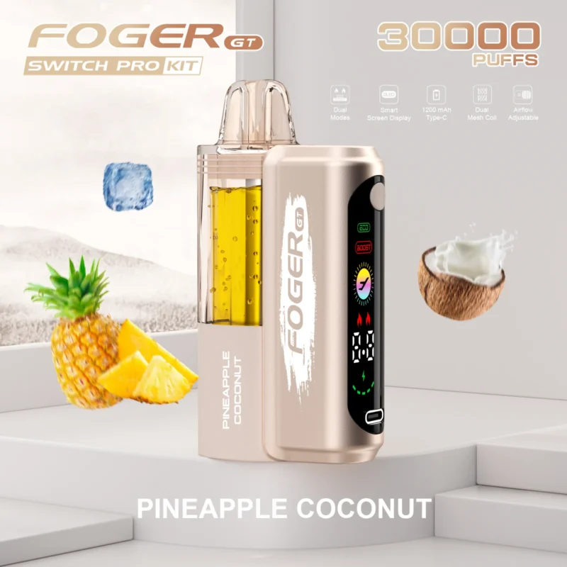 Foger GT Switch Pro Kit disposable vape in Pineapple Coconut flavor with a visible e-liquid tank and smart screen display.
