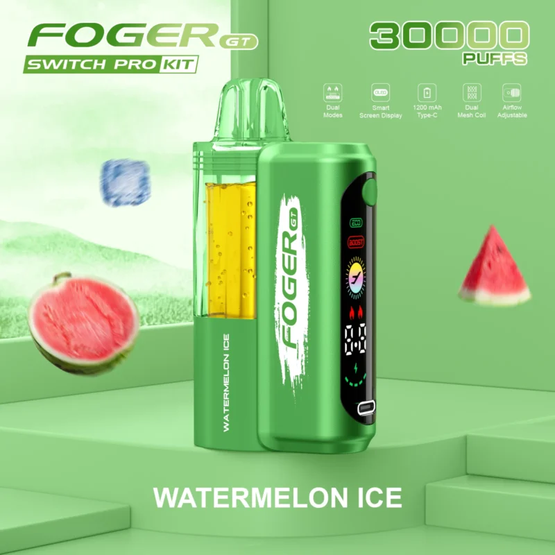 Foger GT Switch Pro Kit disposable vape in Watermelon Ice flavor with a 30,000 puff capacity and smart display.