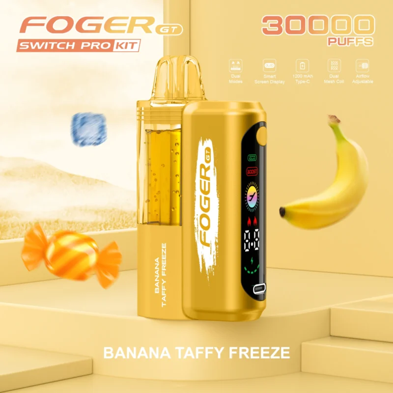 Foger GT Switch Pro Kit disposable vape in Banana Taffy Freeze flavor with a bright yellow finish and smart screen.