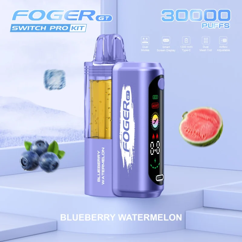 Foger GT Switch Pro Kit disposable vape in Blueberry Watermelon flavor with a purple finish and smart display screen.