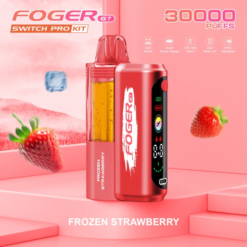Foger GT 30000 Puffs Switch Pro Kit disposable vape in Frozen Strawberry flavor with a smart screen display.