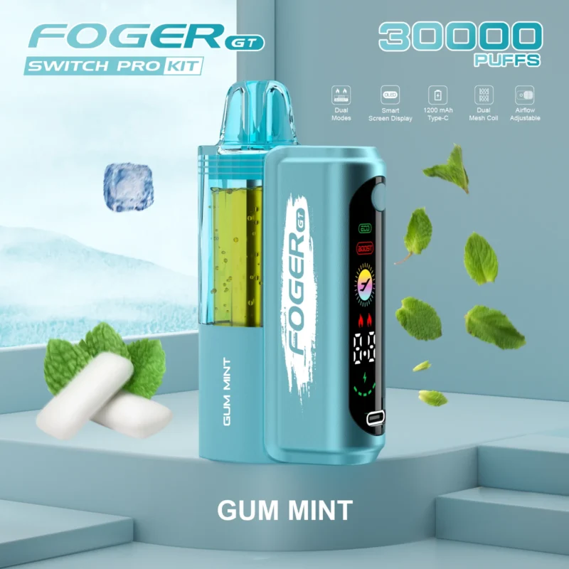 Foger GT Switch Pro Kit disposable vape in Gum Mint flavor with smart screen and visible e-liquid tank.