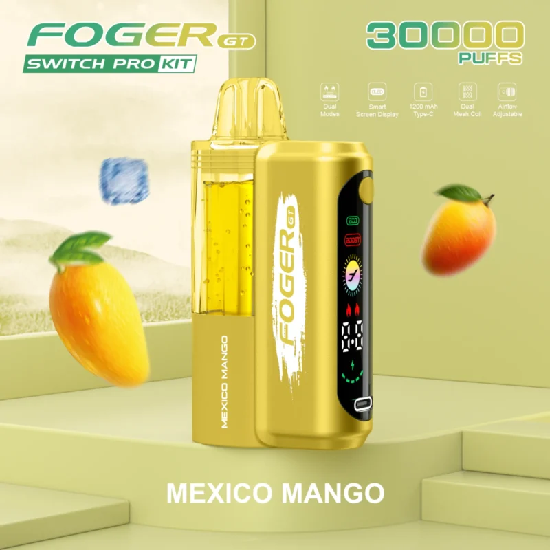 Foger GT Switch Pro Kit disposable vape in Mexico Mango flavor with a yellow finish and smart screen.