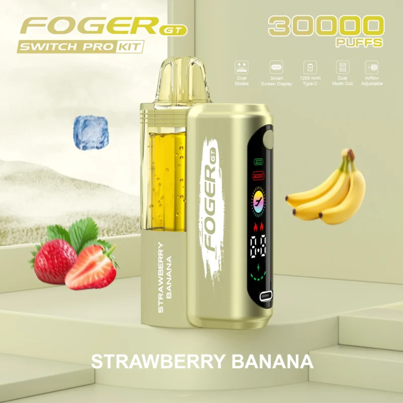 Foger GT 30000 Puffs Switch Pro Kit disposable vape in Strawberry Banana flavor with smart screen and visible e-liquid tank.