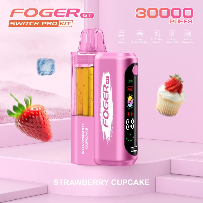 Foger GT Switch Pro Kit disposable vape in Strawberry Cupcake flavor featuring a smart screen and pink design.