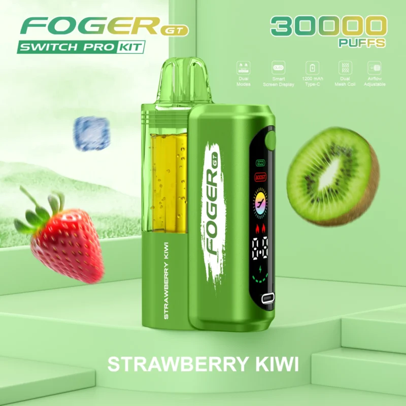 Foger GT Switch Pro Kit disposable vape in Strawberry Kiwi flavor with a smart screen, visible e-liquid tank, and green finish.