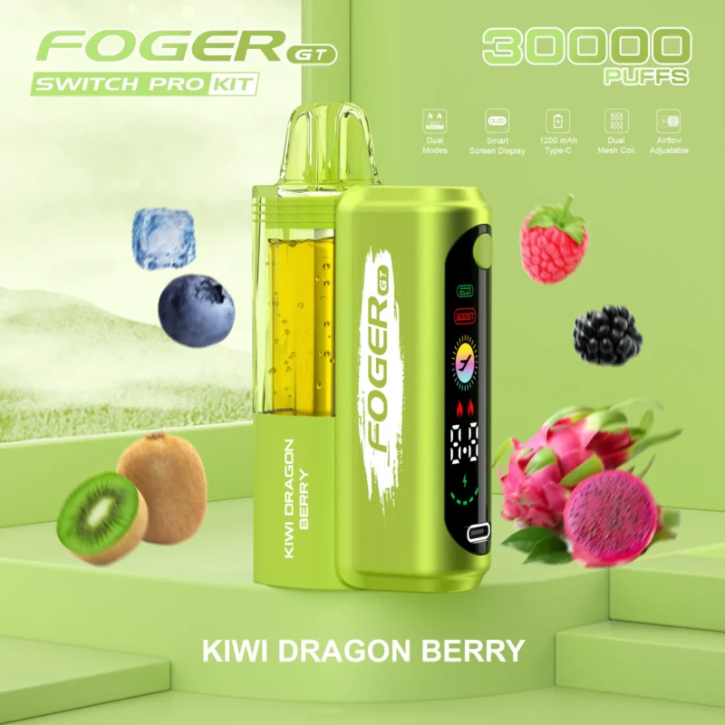 Foger GT Switch Pro Kit disposable vape in Kiwi Dragon Berry flavor with smart screen and visible e-liquid tank.