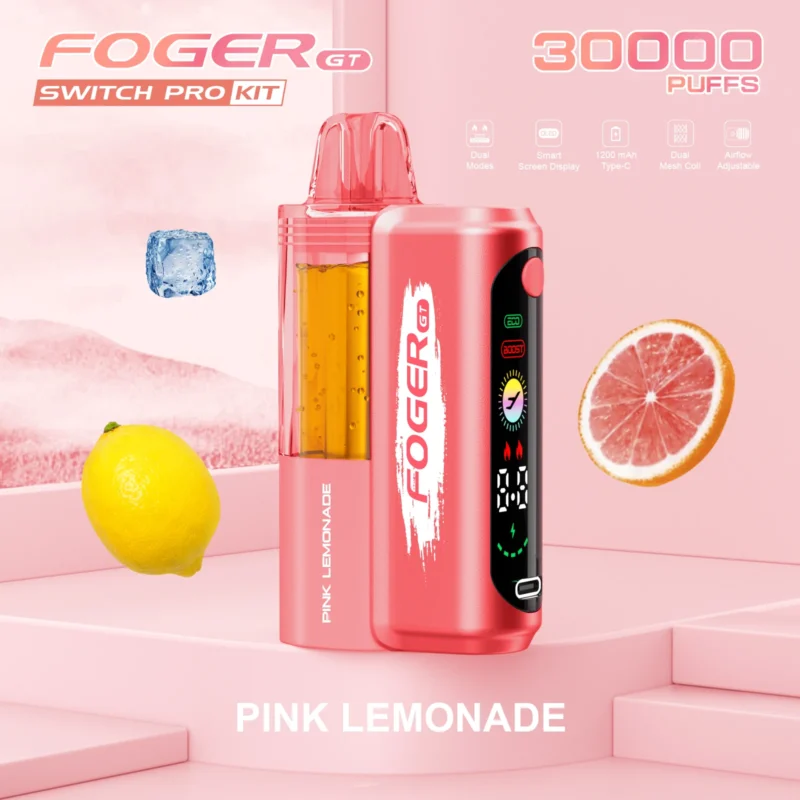 Foger GT 30000 Puffs Switch Pro Kit disposable vape in Pink Lemonade flavor, featuring a digital smart screen, 15ml tank, and dual mesh coil.