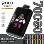 POCO Sweet 70000 disposable vape device showcasing a gorilla graphic, smart LED display, and adjustable settings.