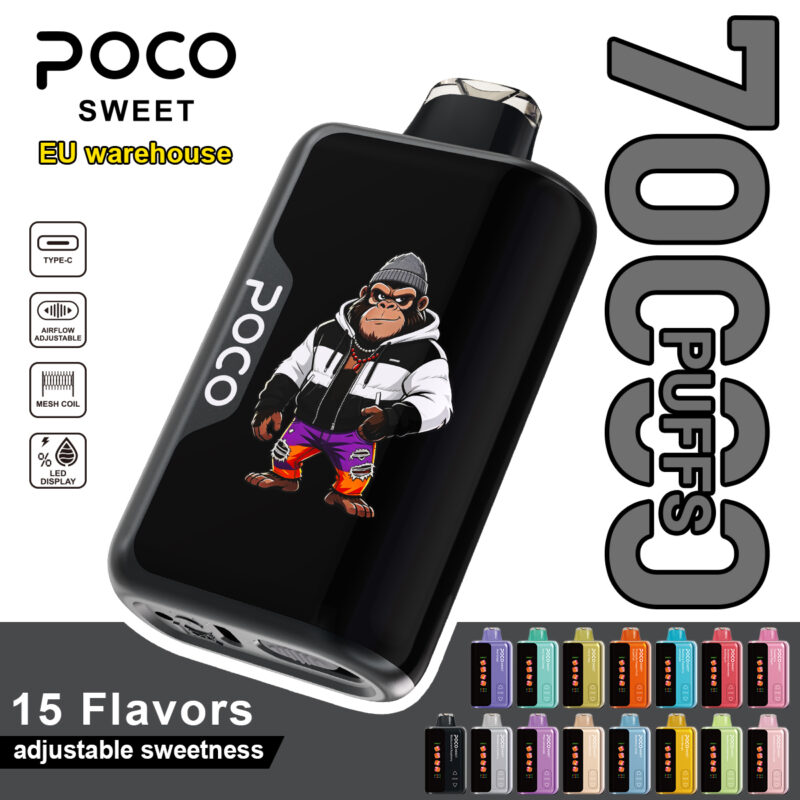 POCO Sweet 70000 disposable vape device showcasing a gorilla graphic, smart LED display, and adjustable settings.