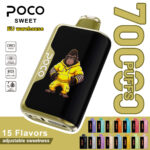 POCO Sweet 70000 disposable vape device in black and gold with a gorilla graphic, showcasing its 70,000 puff capacity and adjustable settings.