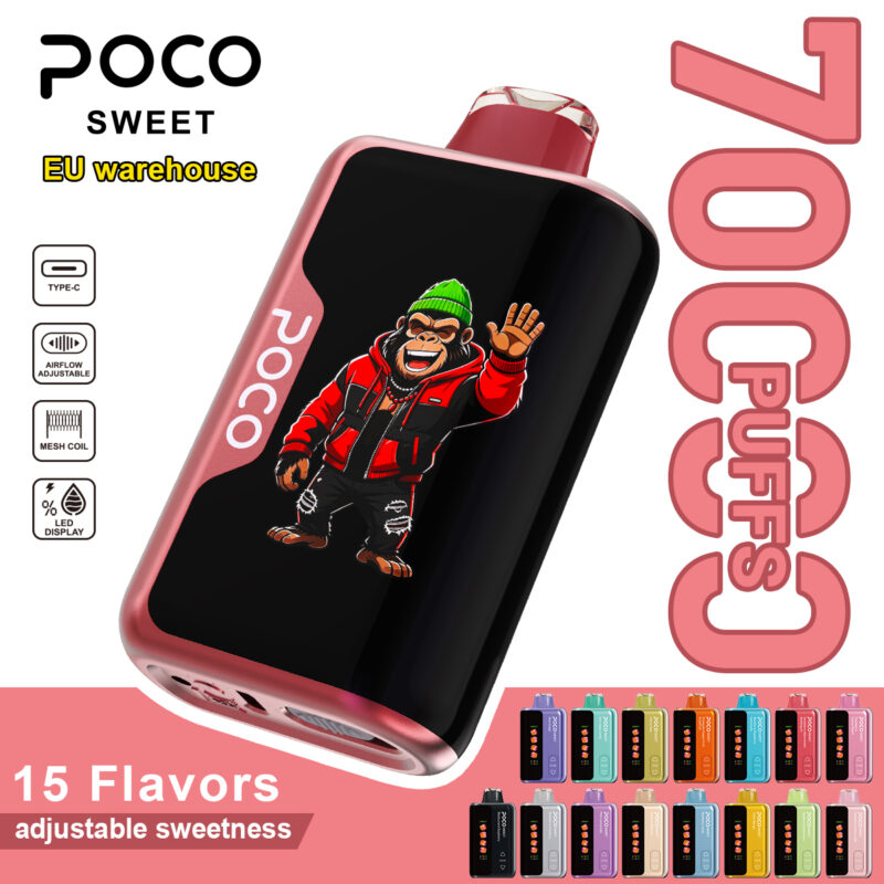 POCO Sweet 70000 disposable vape device featuring a colorful monkey illustration and a prominent 70000 puffs label.