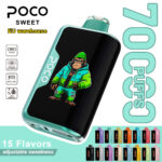 POCO Sweet 70000 disposable vape device featuring a colorful gorilla character design and 15 flavor options.