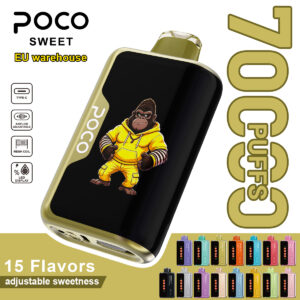 POCO Sweet 70000 disposable vape device in black and gold with a gorilla graphic, showcasing its 70,000 puff capacity and adjustable settings.