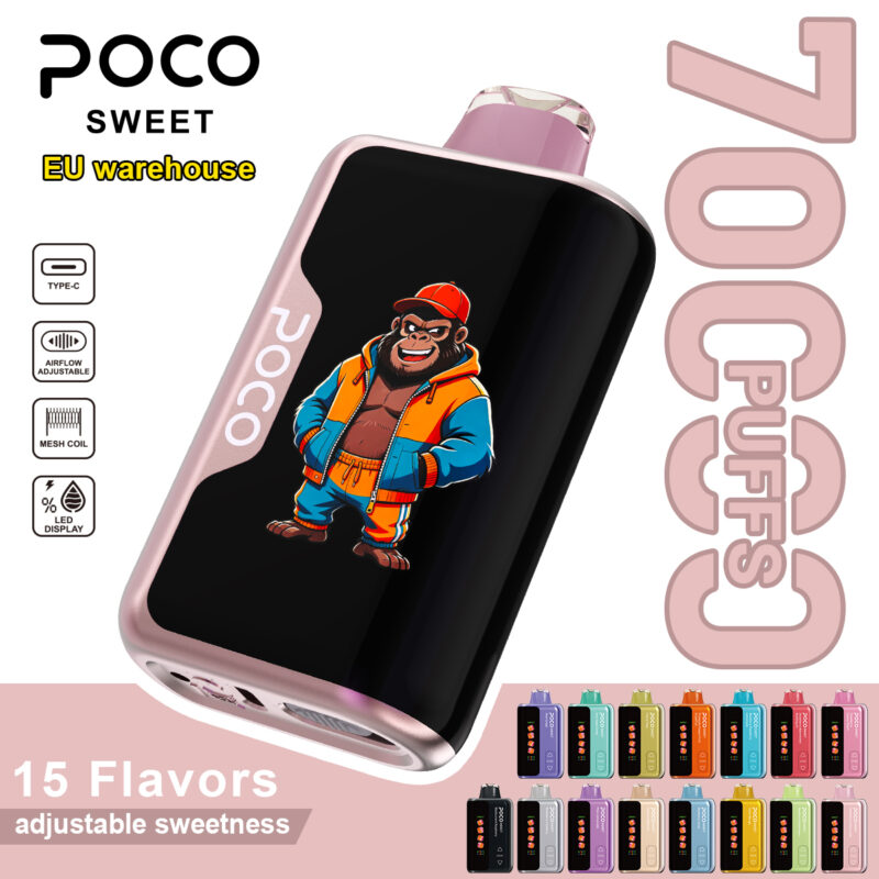 POCO Sweet 70000 disposable vape device with a gorilla graphic and available color variants.